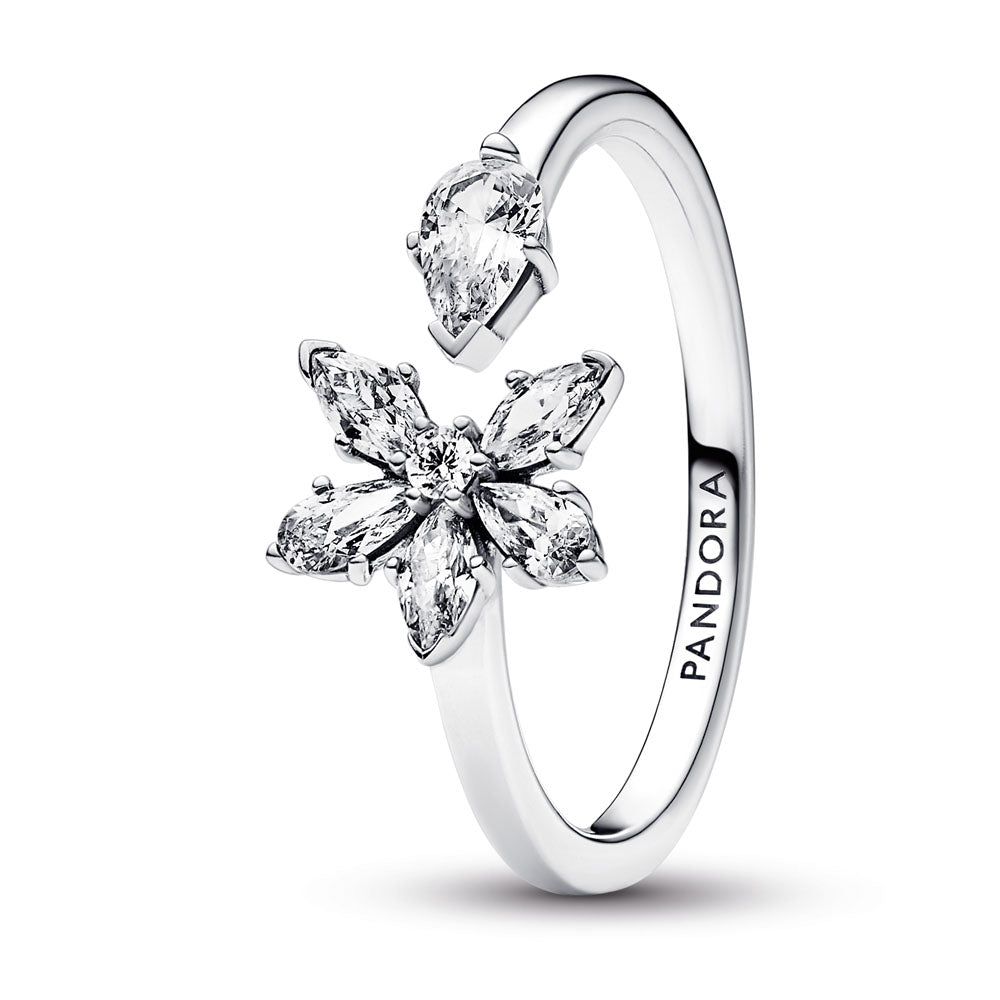 Herbarium Cluster Sterling Silver Open Ring With Clear Cubic Zirconia