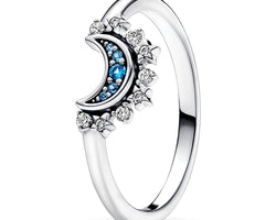 Celestial moon sterling silver ring with night blue crystal and clear cubic zirconia