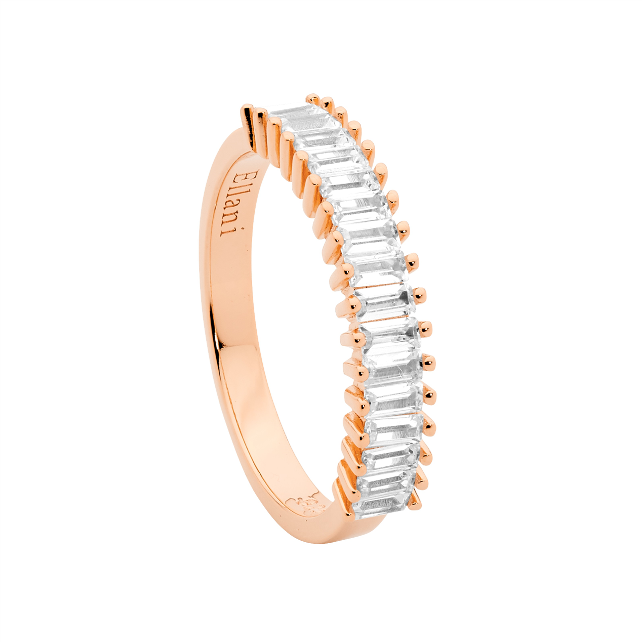 Ss Wh Cz Claw Set Baguette Ring W/ Rose Gold Plating