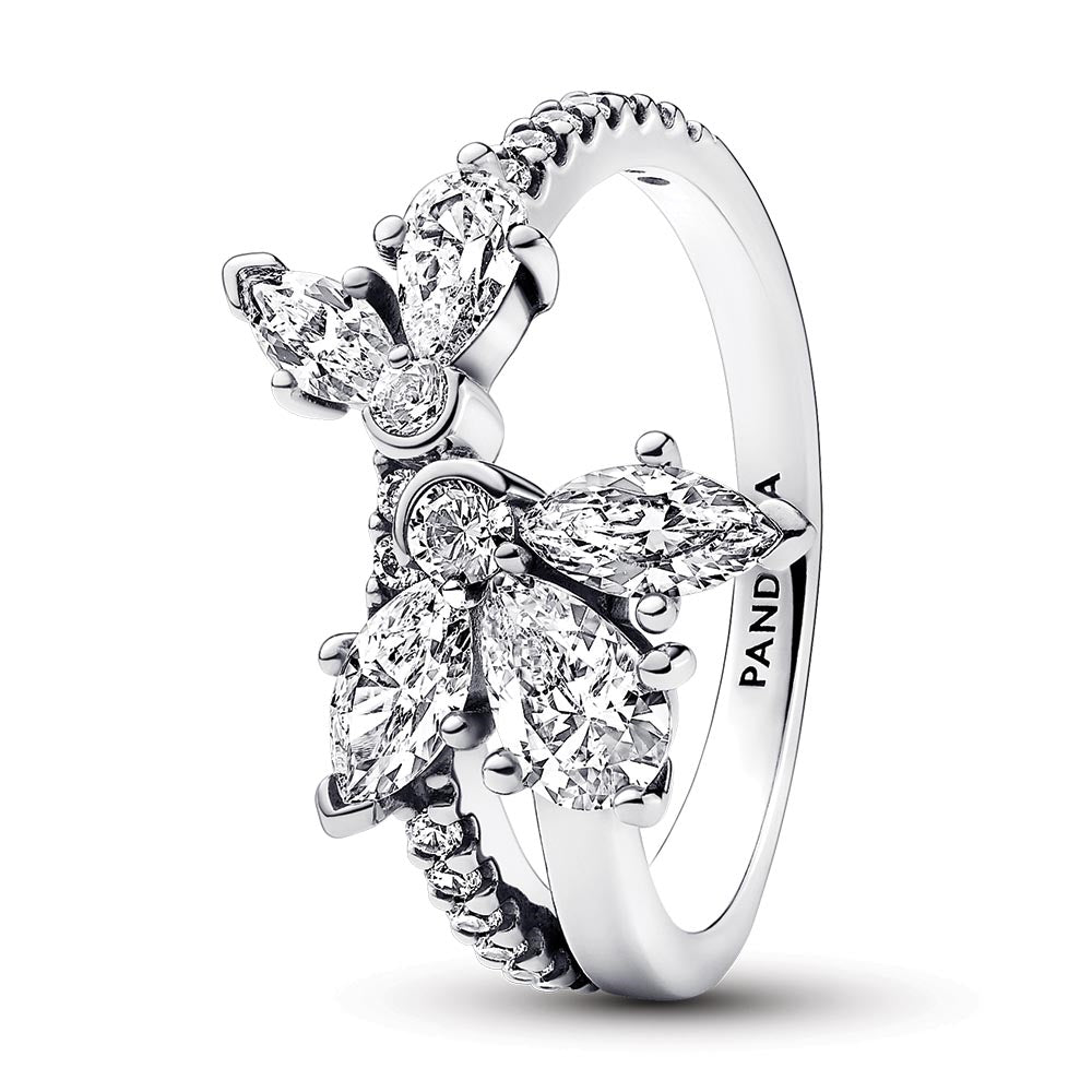 Herbarium Cluster Sterling Silver Ring With Clear Cubic Zirconia
