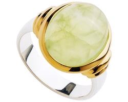 Oval Prehnite In Yellow Gold Plated Bezel Sterling Silver Band - Size Medium