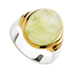 Oval Prehnite In Yellow Gold Plated Bezel Sterling Silver Band - Size Medium