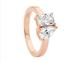 Sterling Silver Rose Gold Plate Emerald & Pear Cut Cz Ring