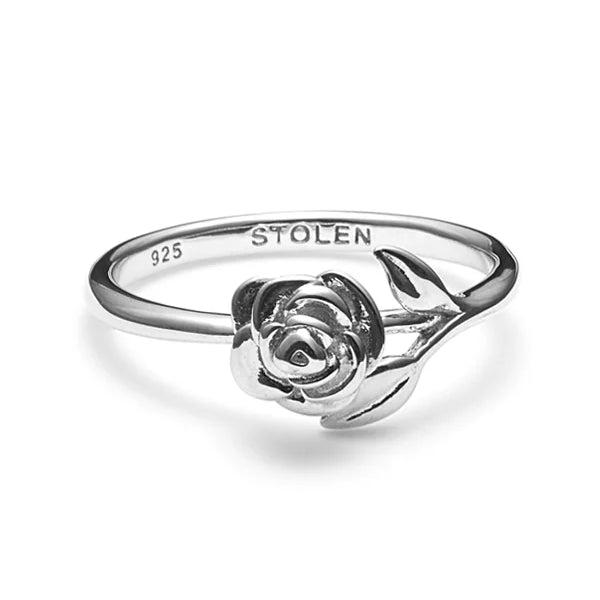 Stem Rose Sterling Silver Ring - Size Q