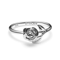 Stem Rose Sterling Silver Ring - Size Q