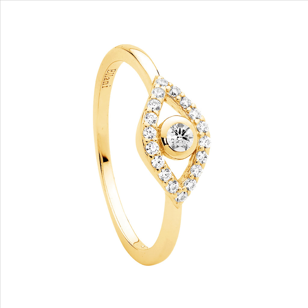 Sterling Silver Wh Cz Bezel Set Evil Eye Ring W/Gold Plating