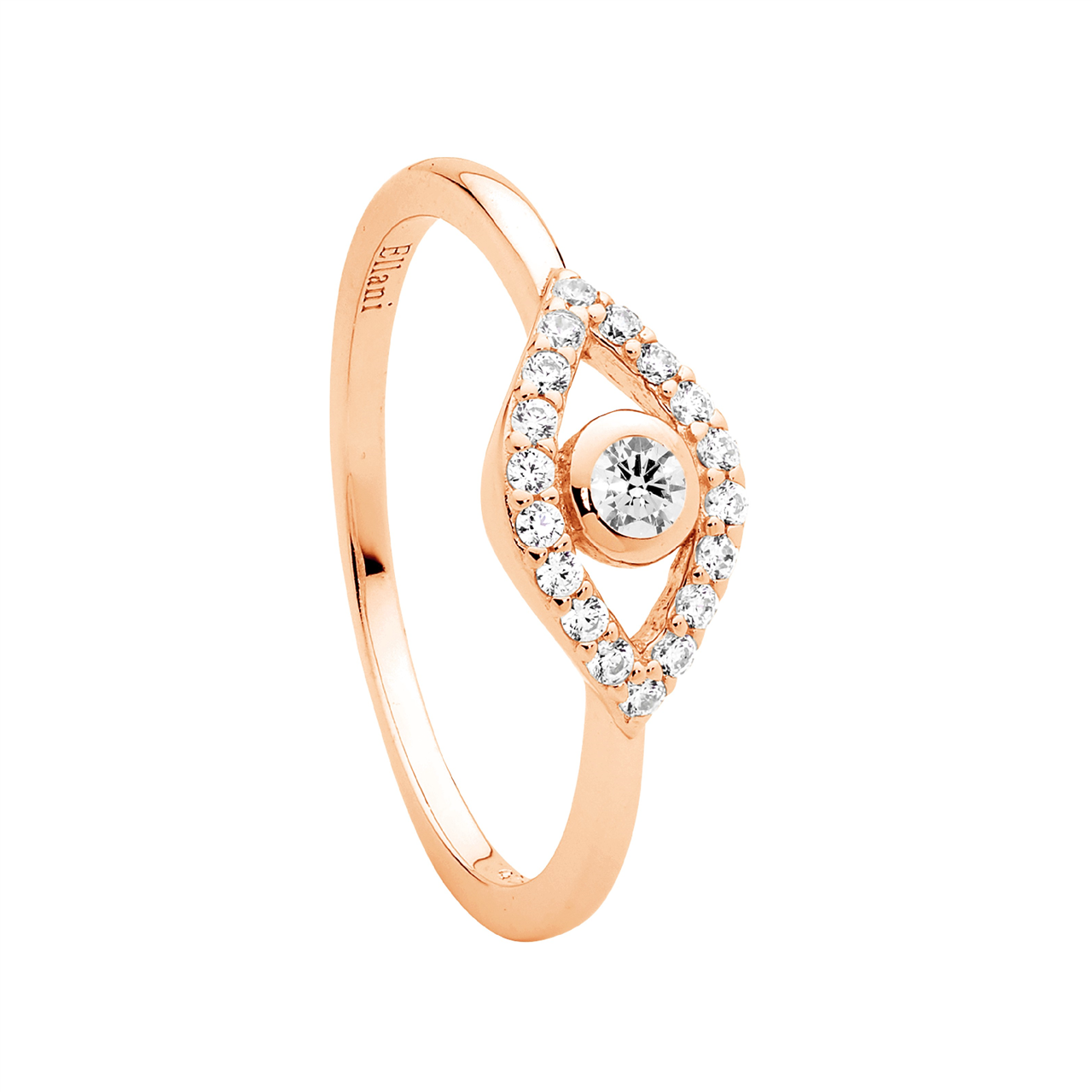 Sterling Silver Wh Cz Bezel Set Evil Eye Ring W/Rose Gold Plating