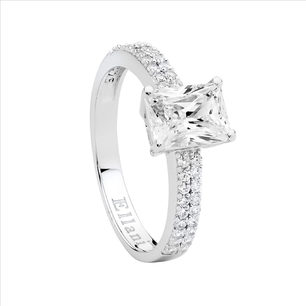Sterling Silver 6 X 8 Solitaire W/Double Row Wh Cz Band Ring