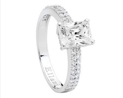 Sterling Silver 6 X 8 Solitaire W/Double Row Wh Cz Band Ring