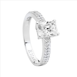 Sterling Silver 6 X 8 Solitaire W/Double Row Wh Cz Band Ring