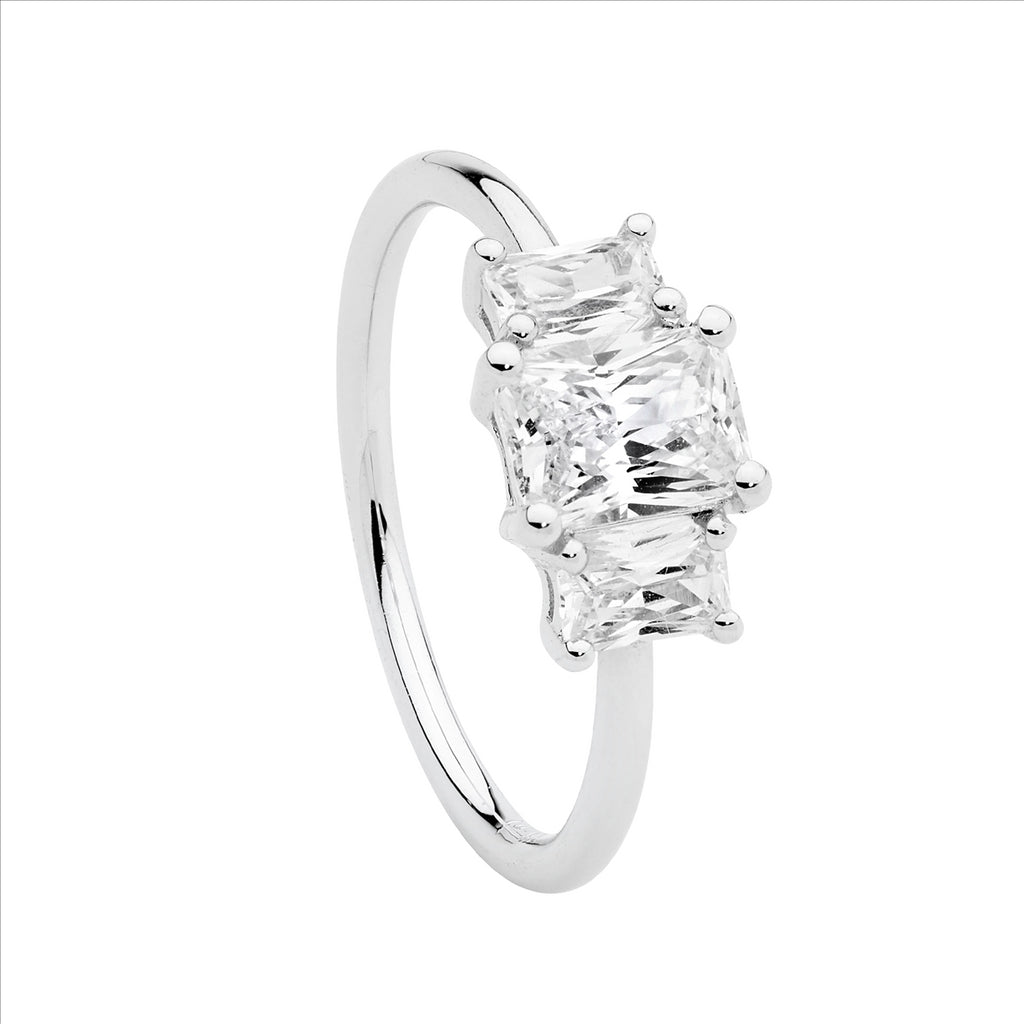 Sterling Silver 3 X Wh Cz Radiant Cut Ring