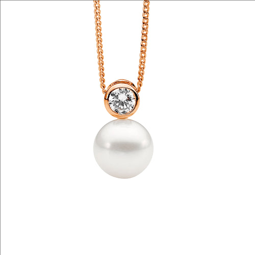 Ellani Rose Gold Plated Freshwater Pearl Pendant With Cz