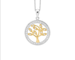 Ellani Silver & Yellow Gold Plated Tree Of Life Pendant With Cz