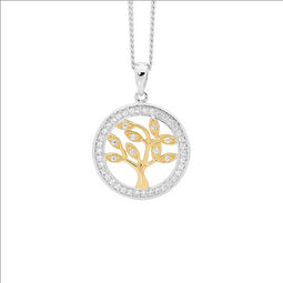 Ellani Silver & Yellow Gold Plated Tree Of Life Pendant With Cz