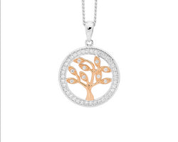 Ellani Silver & Rose Gold Plated Tree Of Life Pendant With Cz