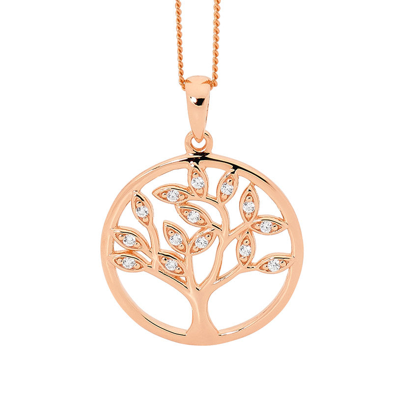 Ellani Rose Gold Plated Tree Of Life Pendant With Cz