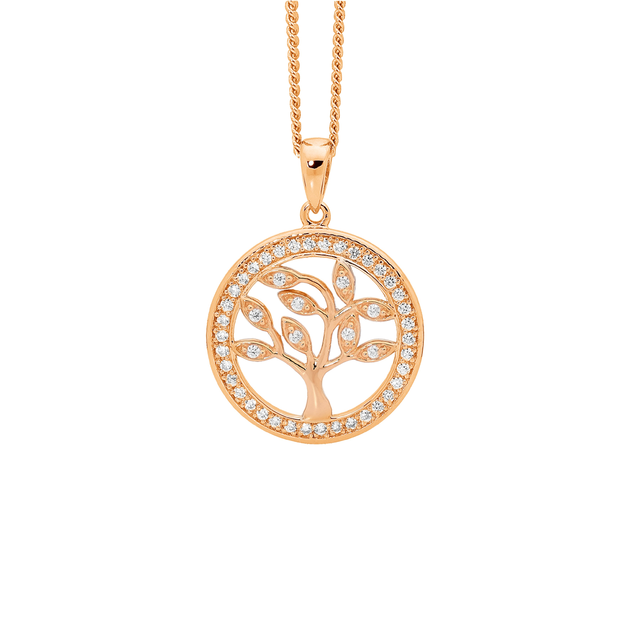 SS WH CZ Sml Tree of Life Pendant w/ CZ Surround, ALL Rose Gold Plating