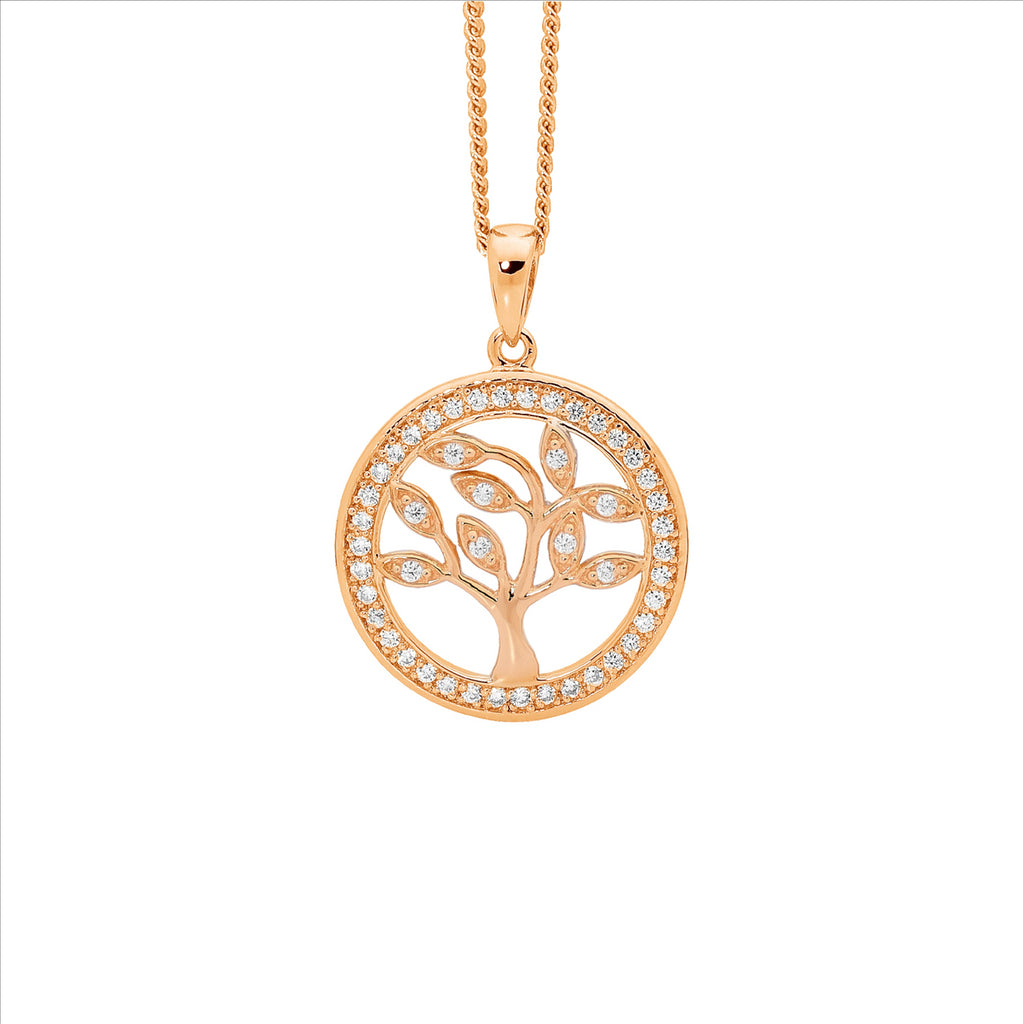 SS WH CZ Sml Tree of Life Pendant w/ CZ Surround, ALL Rose Gold Plating