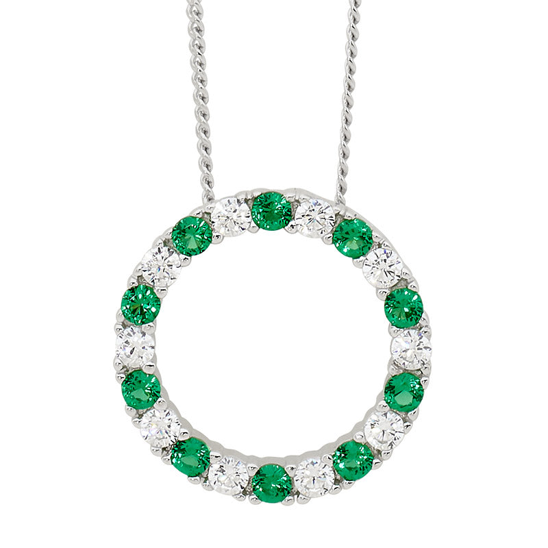 Ellani Silver Circle Pendant With White & Green Cz