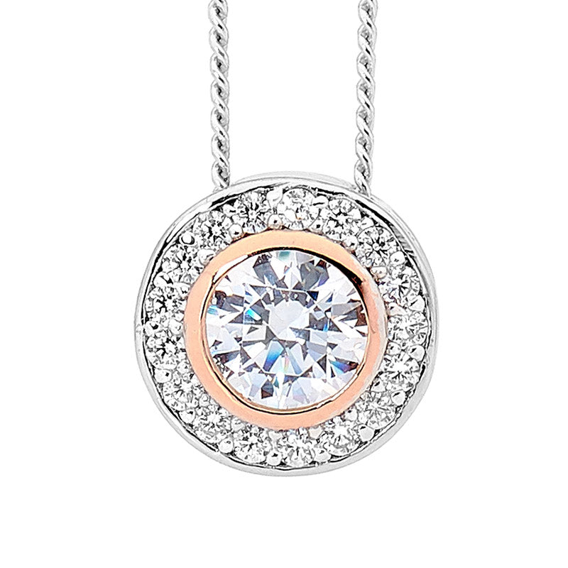 Ellani Silver & Rose Gold Plated White Cz Pendant With Cz Halo