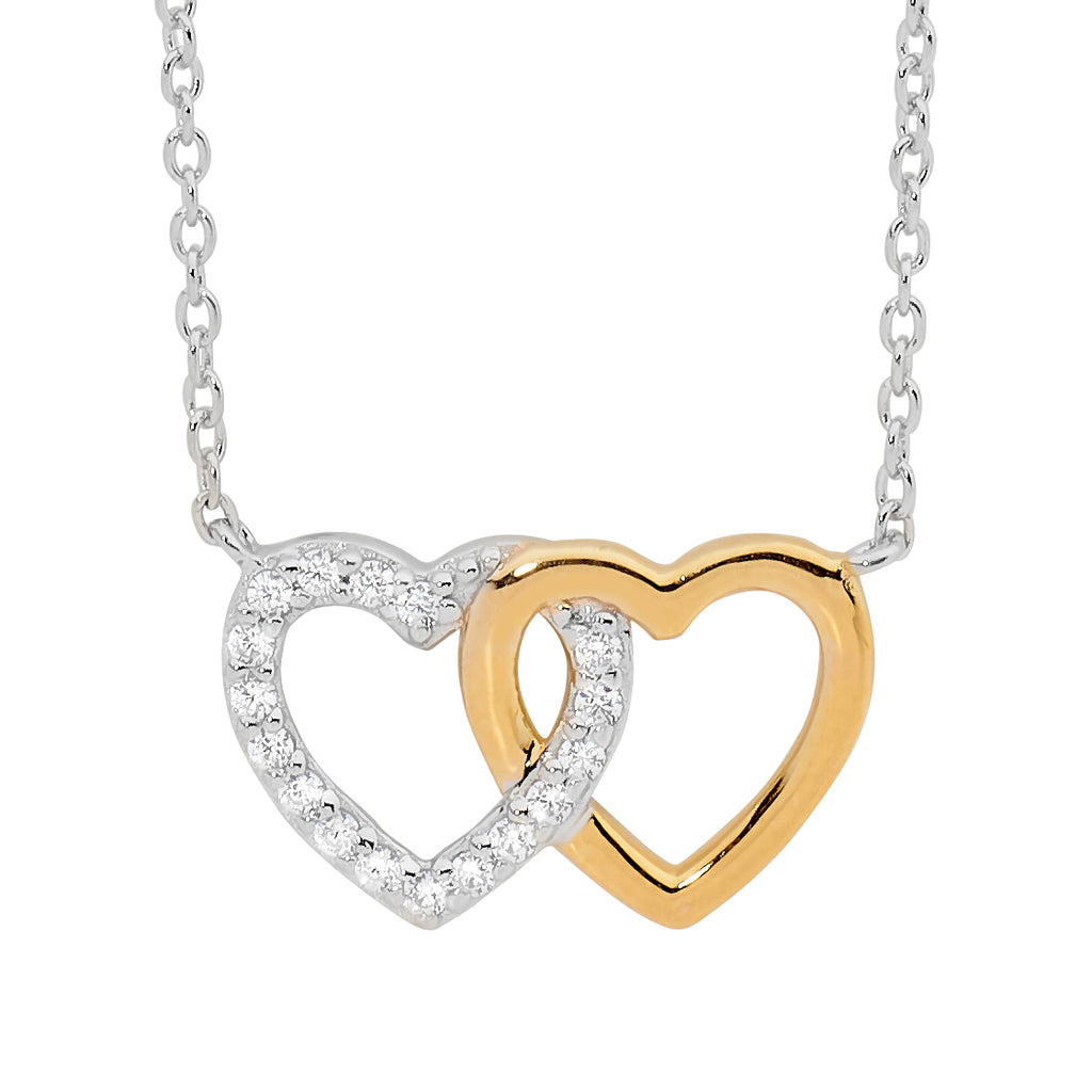 Ellani Silver & Yellow Gold Plated Linked Heart Pendant With Cz