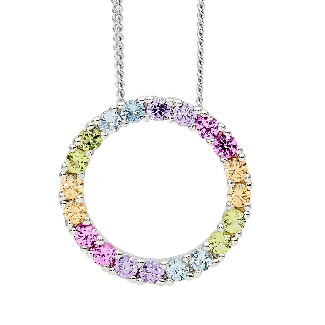 Ellani Silver Circle Pendant With Pastel Rainbow Cz