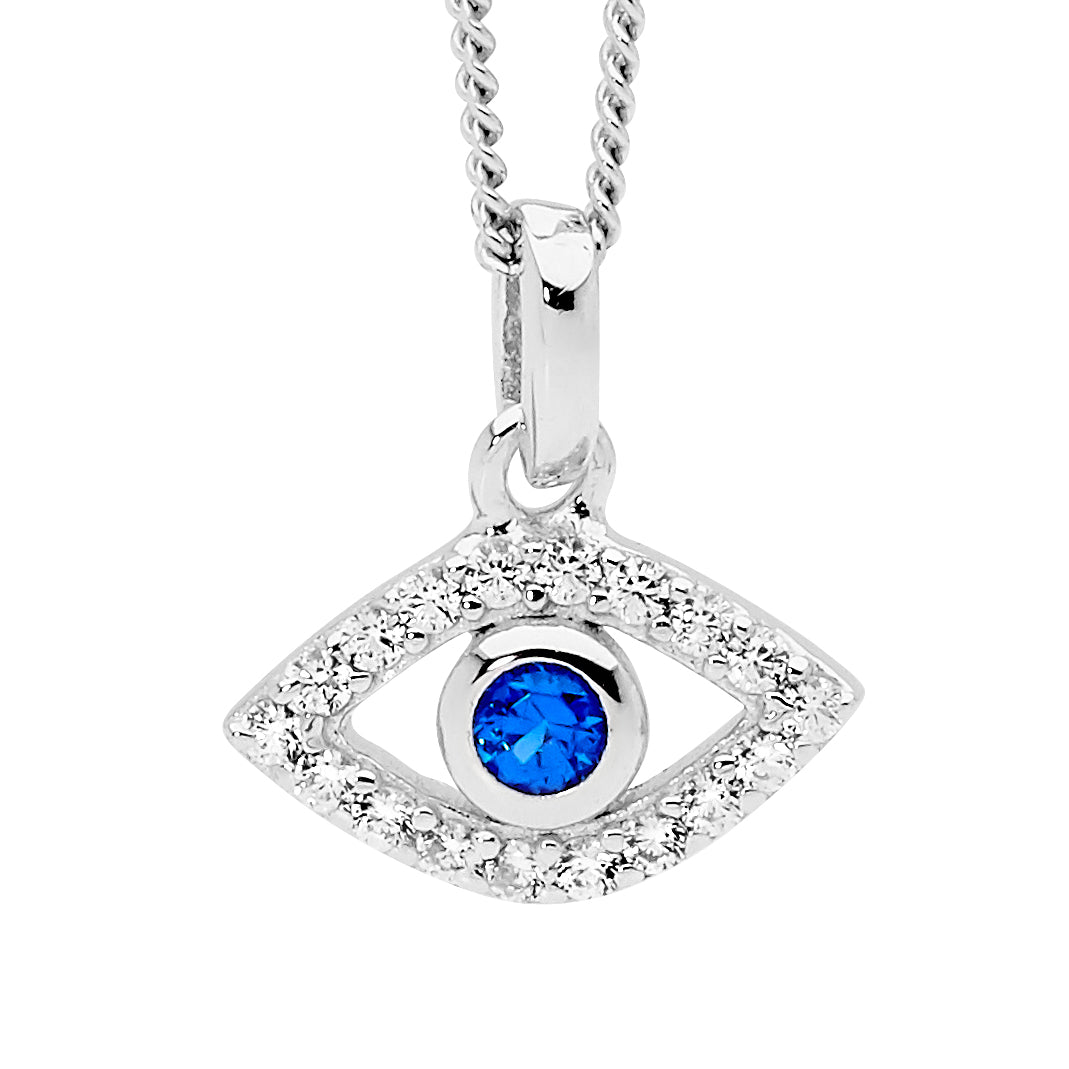 Ellani Silver Evil Eye Pendant With White & Blue Cz