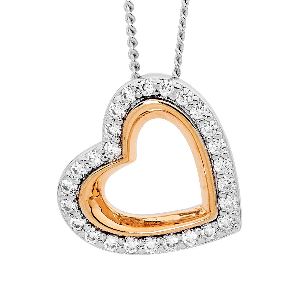 Ellani Silver & Rose Gold Plated Angled Heart Pendant With Cz
