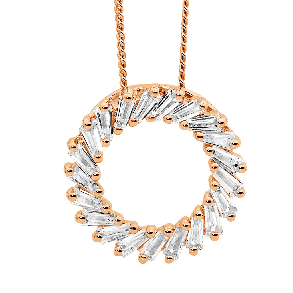 Ellani Rose Gold Plated Circle Pendant With White Baguette Cz's