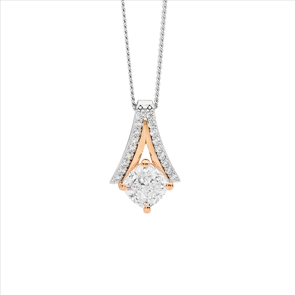 Ellani Silver & Rose Gold Plated V Pendant With White Cz