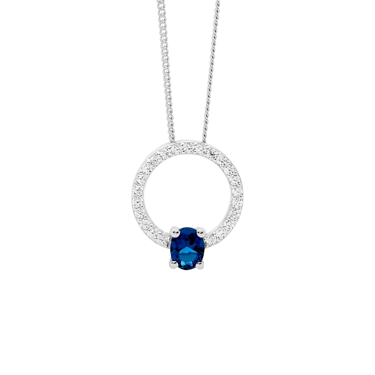 Ellani Sterling Silver Open Circle Pendant With London Blue Oval Cz