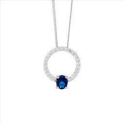 Ellani Sterling Silver Open Circle Pendant With London Blue Oval Cz