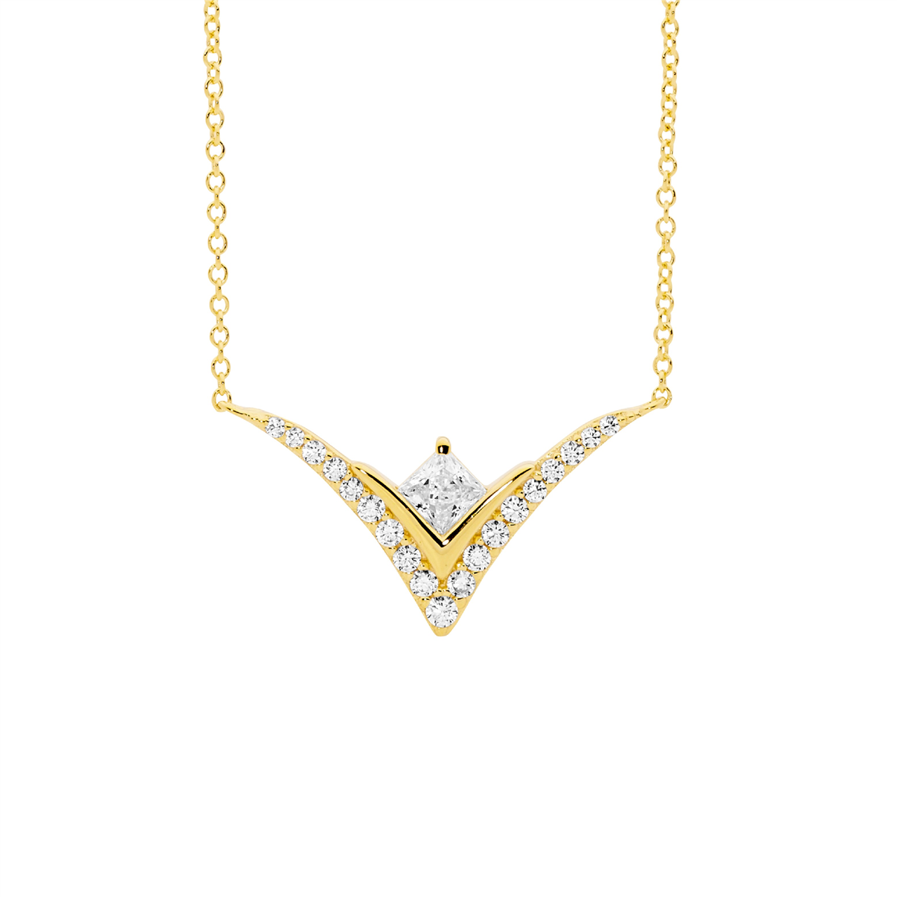 Ellani Gold Plated V Pendant With Cz Princess Cut