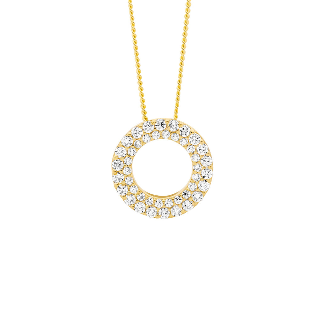 Ellani Gold Plated Open Circle Pendant Double Cz Row