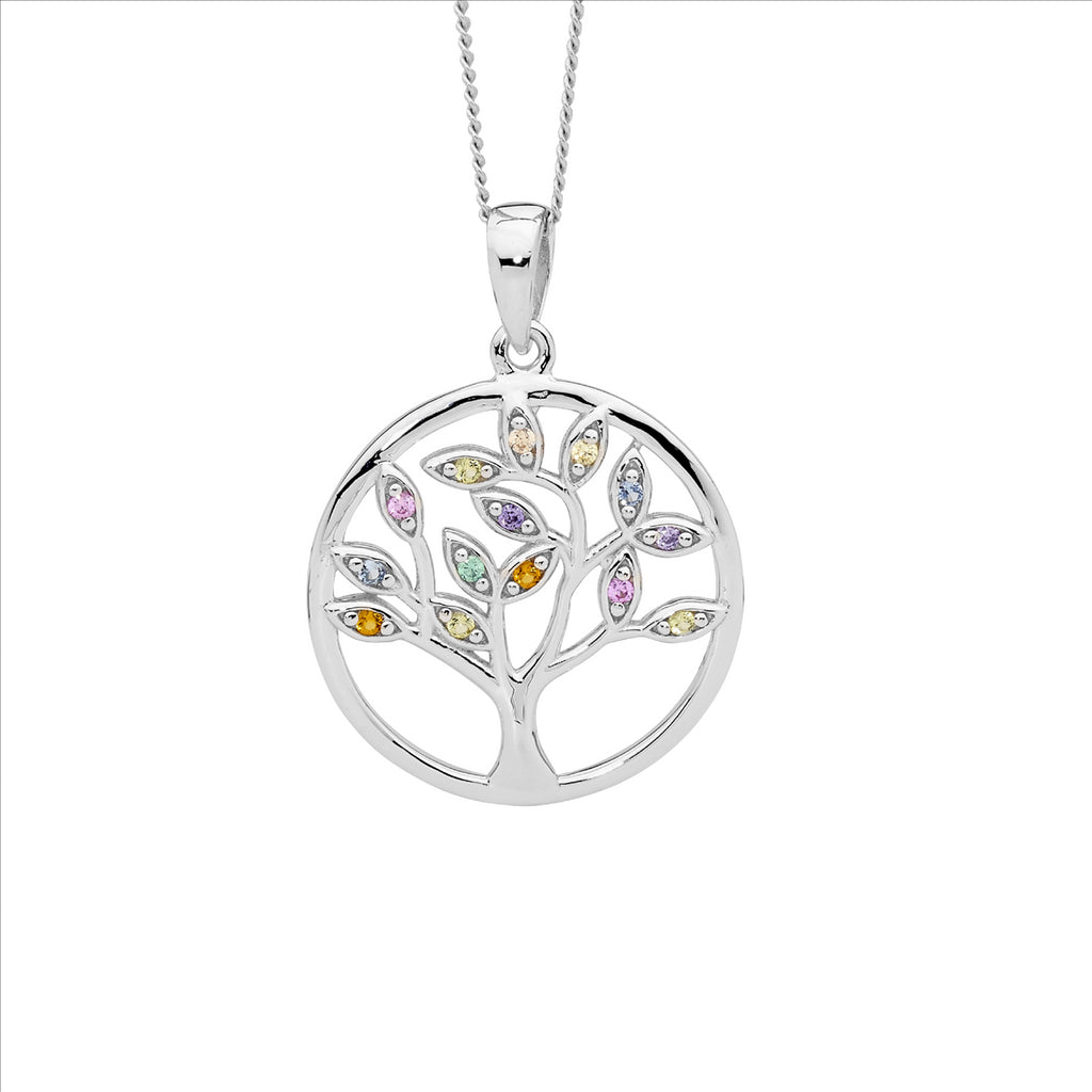 Sterling Silver Multi Colour Cz Tree Of Life Pendant