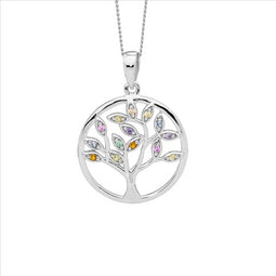 Sterling Silver Multi Colour Cz Tree Of Life Pendant