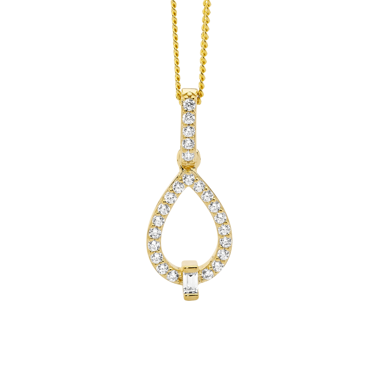 Ss Wh Cz Open Tear Drop Pendant W/ Baguette & Gold Plating