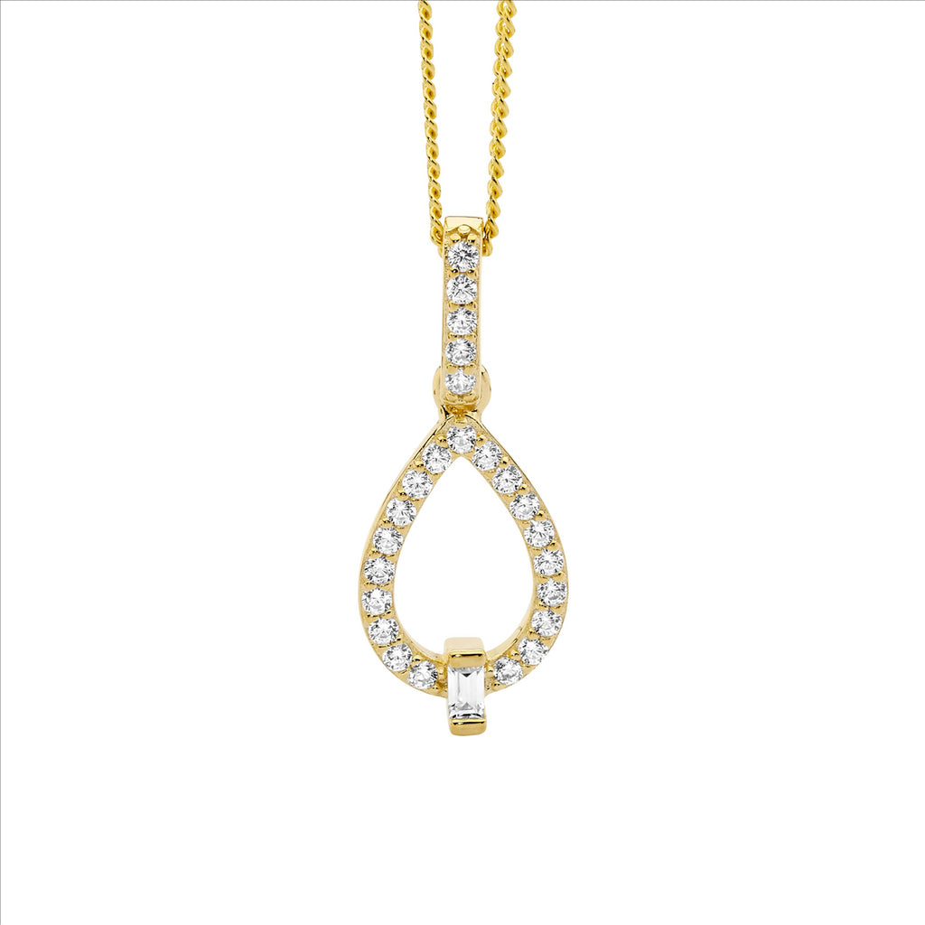 Ss Wh Cz Open Tear Drop Pendant W/ Baguette & Gold Plating