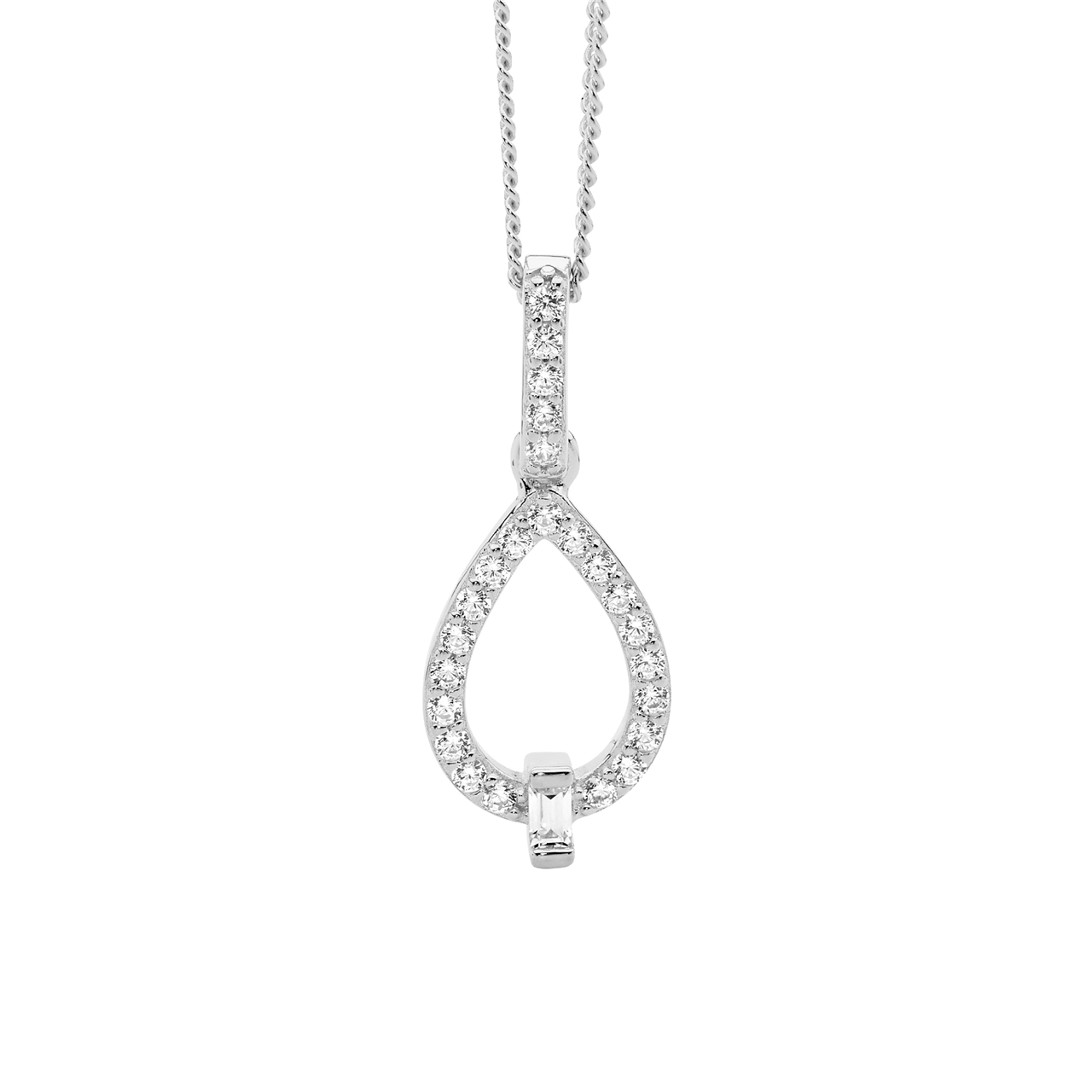 Sterling Silver Wh Cz Open Tear Drop Pendant W/ Baguette