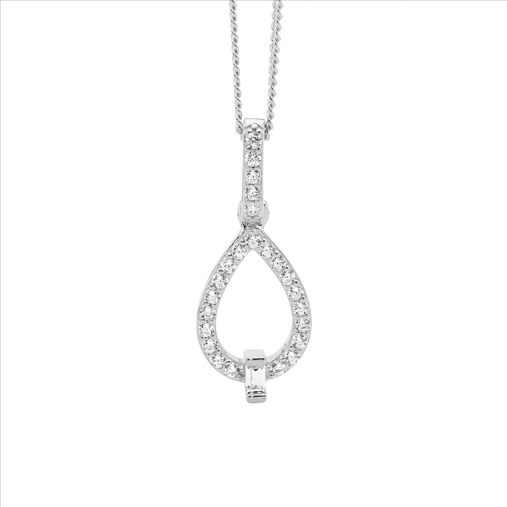 Sterling Silver Wh Cz Open Tear Drop Pendant W/ Baguette