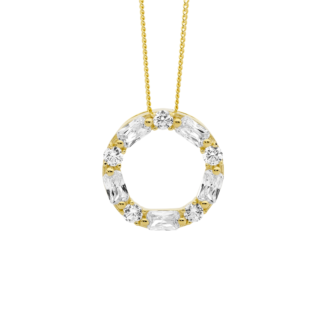 Ss Wh Cz Round & Baguette 18Mm Circle Pendant W/Gold Plating