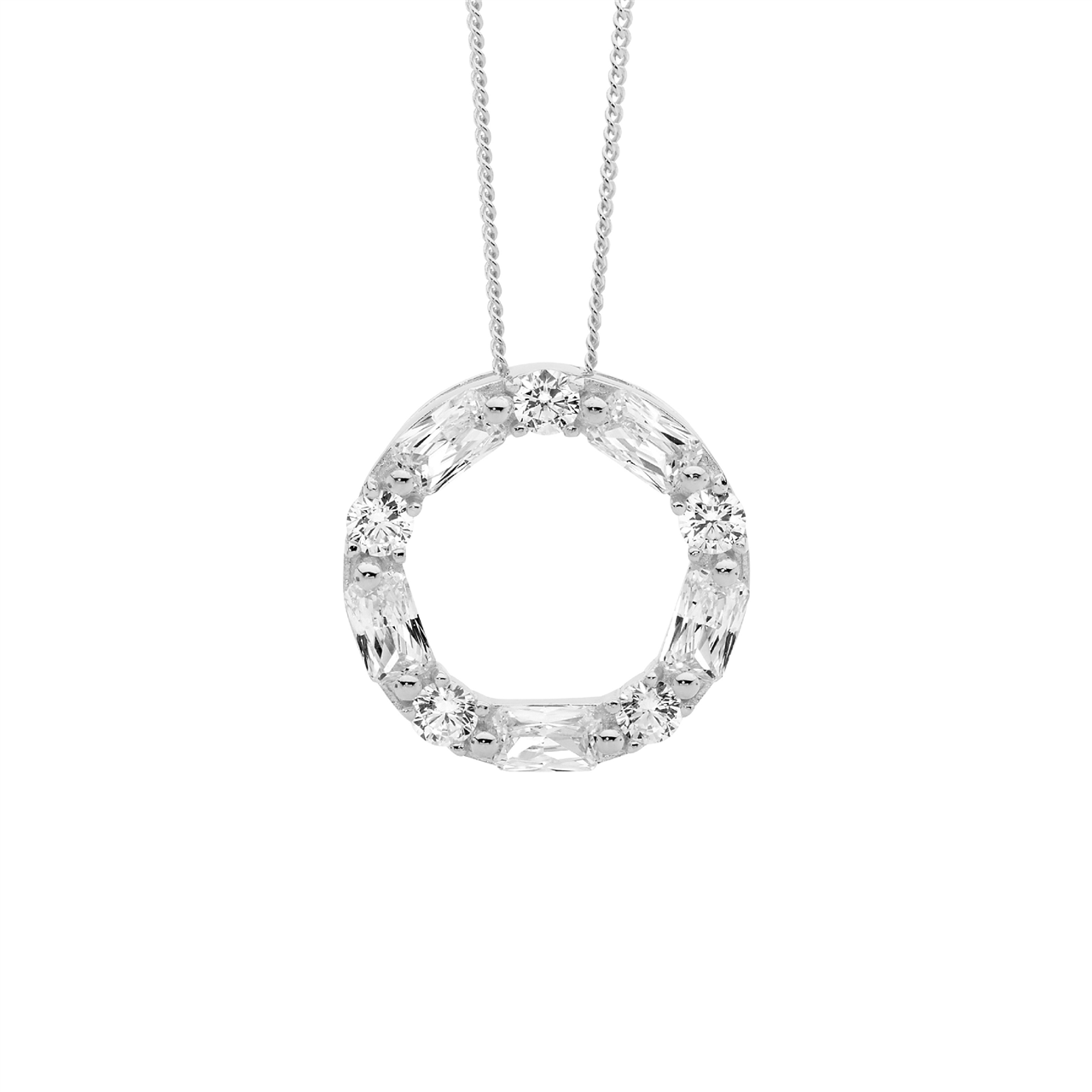 Ss Wh Cz Round & Baguette 18Mm Circle Pendant