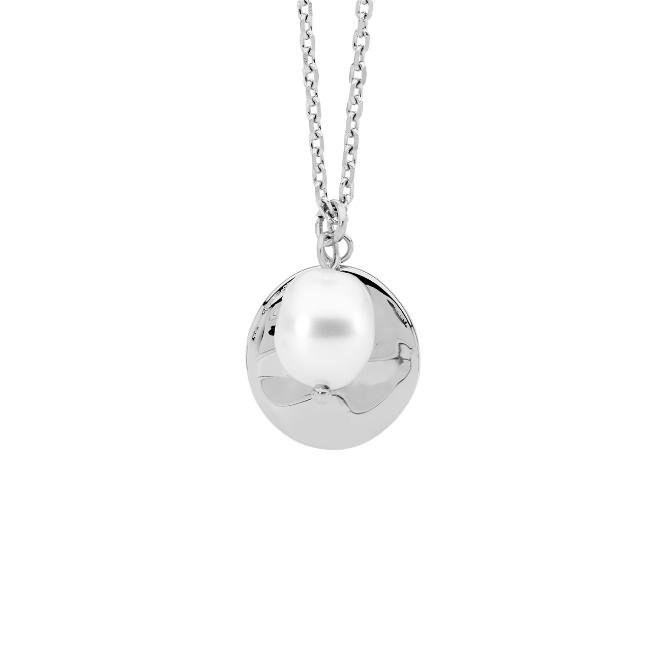 Stainless steel disk w/ freshwater pearl pendant, 40+5cm