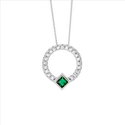 Ss Wh Cz 13Mm Open Circle Pendant W/ Green Cz Princess Cut Bezel Set