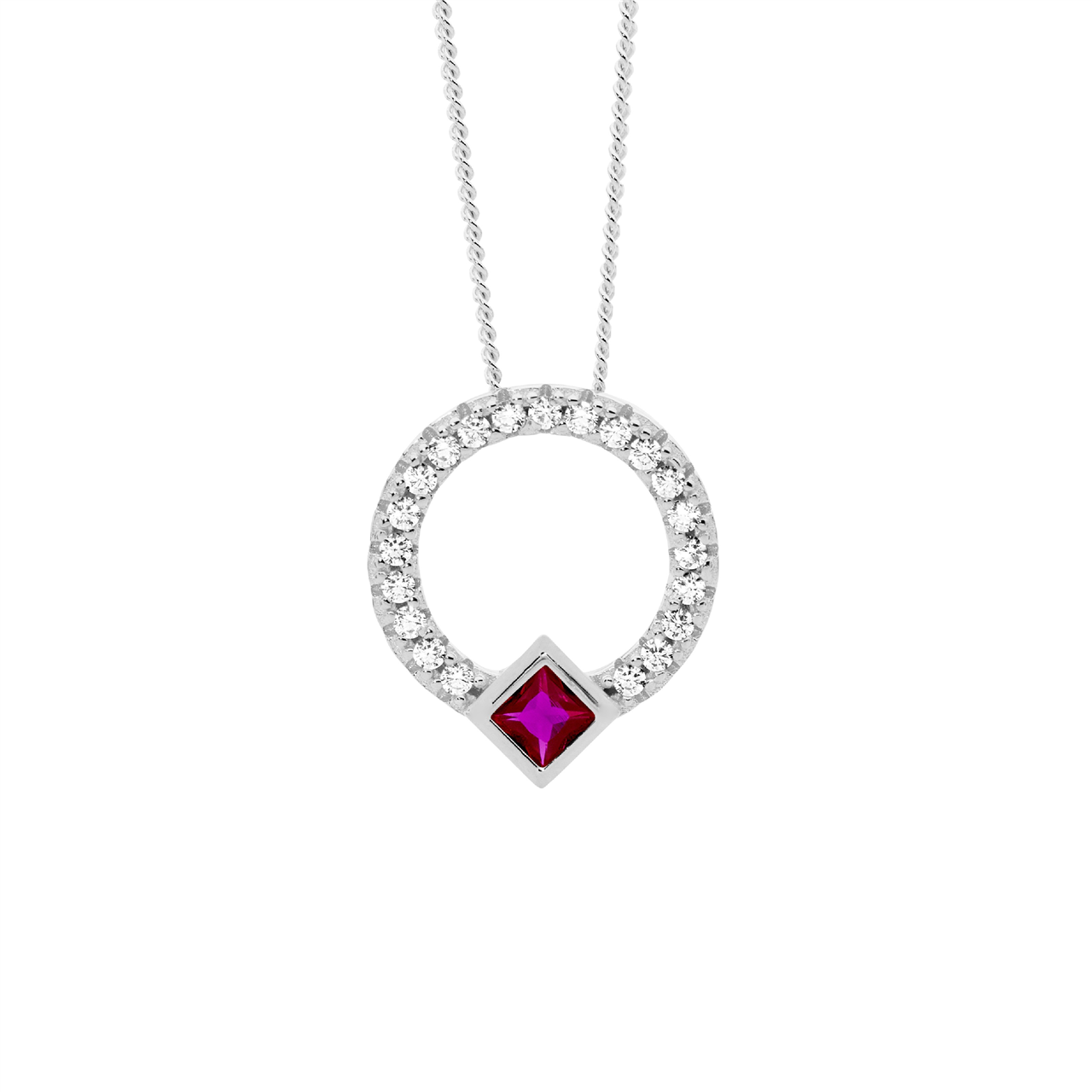 Ss Wh Cz 13Mm Open Circle Pendant W/ Red Cz Princess Cut Bezel Set