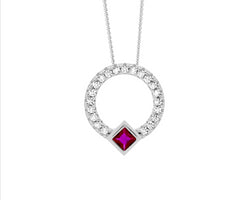 Ss Wh Cz 13Mm Open Circle Pendant W/ Red Cz Princess Cut Bezel Set