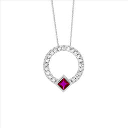 Ss Wh Cz 13Mm Open Circle Pendant W/ Red Cz Princess Cut Bezel Set