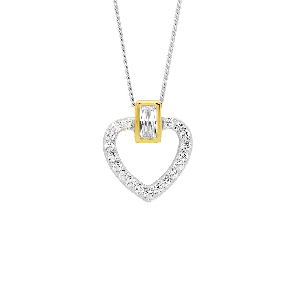 Ss Wh Cz Open Heart W/ Gold Plated Bezel Set Baguette Pendant