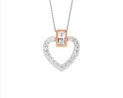 Ss Wh Cz Open Heart W/ Rose Gold Plated Bezel Set Baguette Pendant