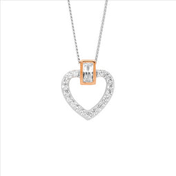 Ss Wh Cz Open Heart W/ Rose Gold Plated Bezel Set Baguette Pendant